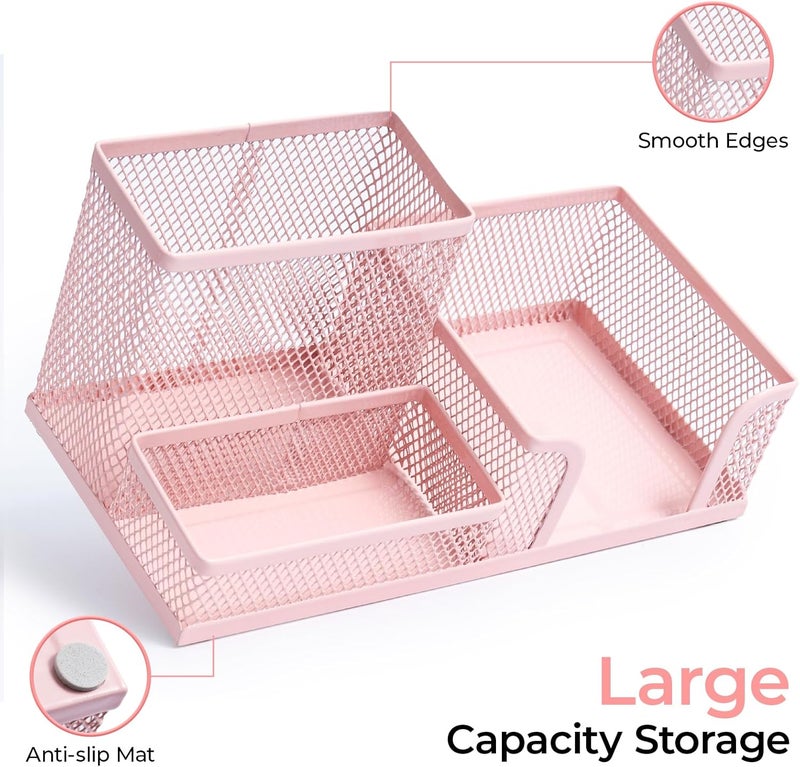 MG Mesh Pen Holder Desk Organizers Pencil Holder for Desk Pink, 3 Compartments Metal Office Supply Organizer with Sticky Notes Holder for Home Office - Image 3